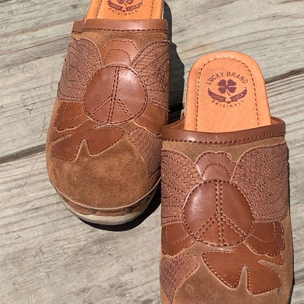 Lucky Brand Women's LK-Lilac Brown Leather Peace Suede Slip On Clogs Sz 9.5M - Picture 8 of 10